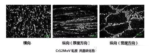 Cr12MoV轧板不同方向共晶碳化物的形态的金相图